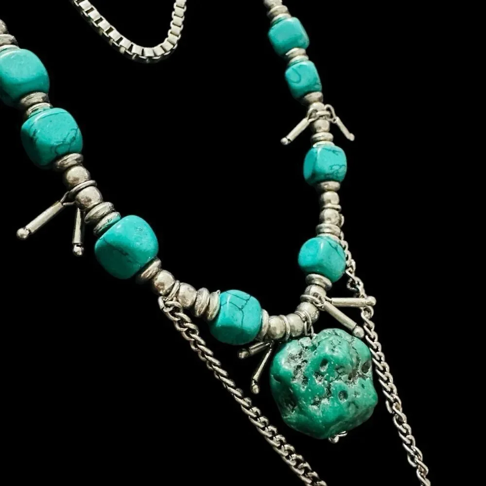 Silver Toned Faux Turquoise Stone Necklace Western Boho Leather Rawhide